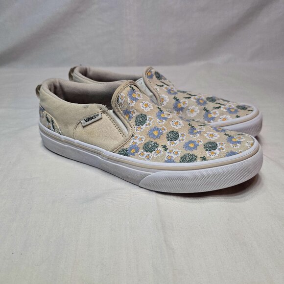 VANS Asher Missy Slip On Sneaker Size 4 Tan Blue Green Floral Low Top Canv - Picture 1 of 10